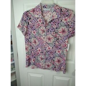 Sag Harbor Purple Floral V Neck Button Semi Sheer Blouse. Size S